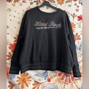 Hard Rock Cafe Women’s L Black Silver Sequin Crop Fall Winter Cozy Sweatshirt